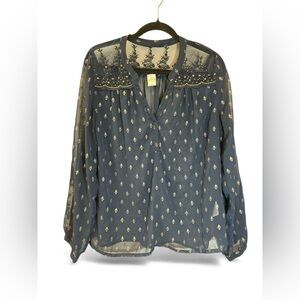 Bila Embroidered Beaded Sheer Navy Blouse Size M Boho Metallic Festival Top